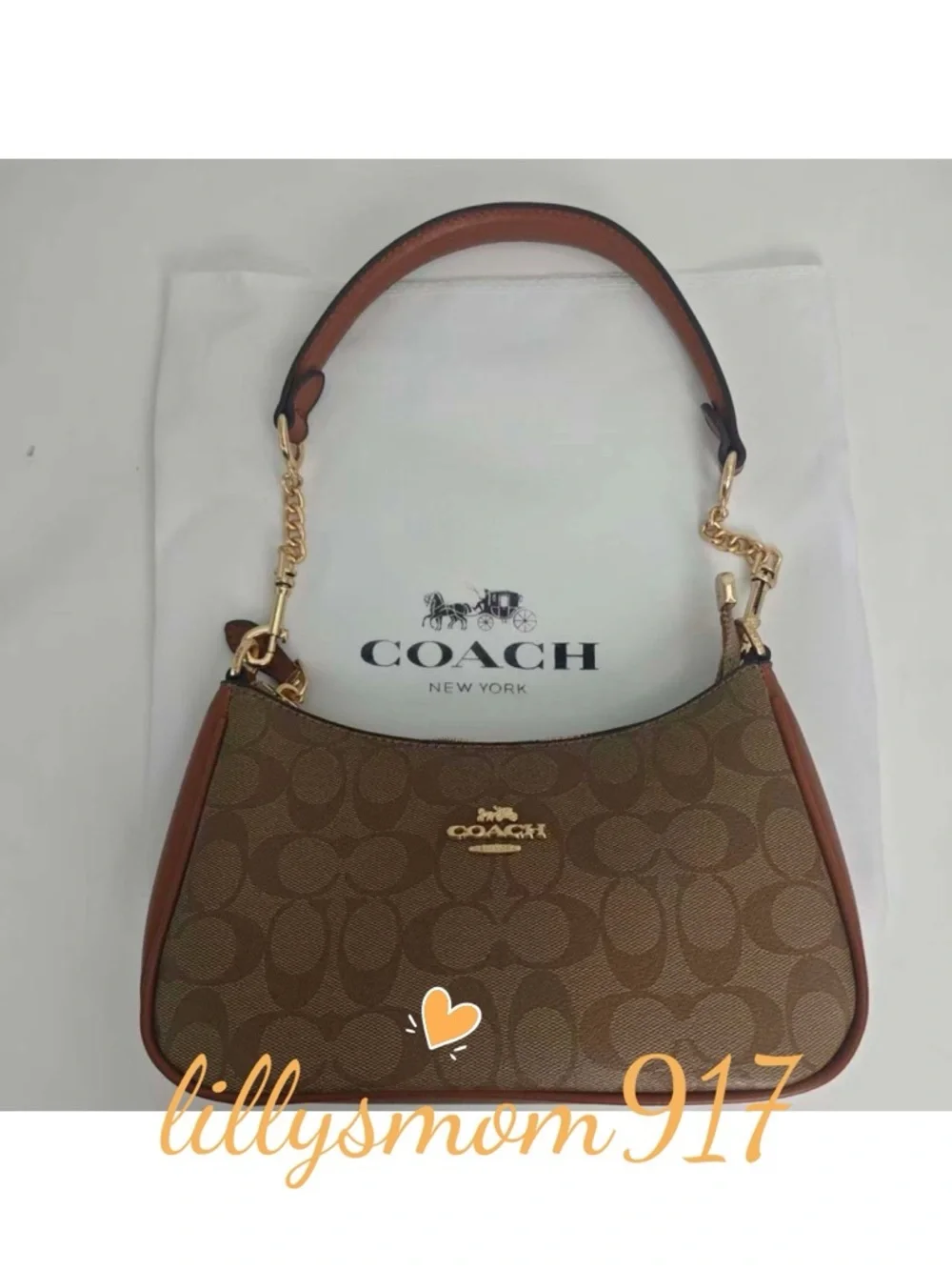 Coach Brown Signature Logo Crescent Shoulder Bag with Gold Hardware